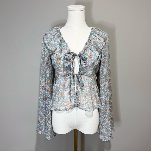 Dizzy Lizzy Floral Sheer Cotton Blend Tie Front Blouse Size XS - Picture 1 of 8